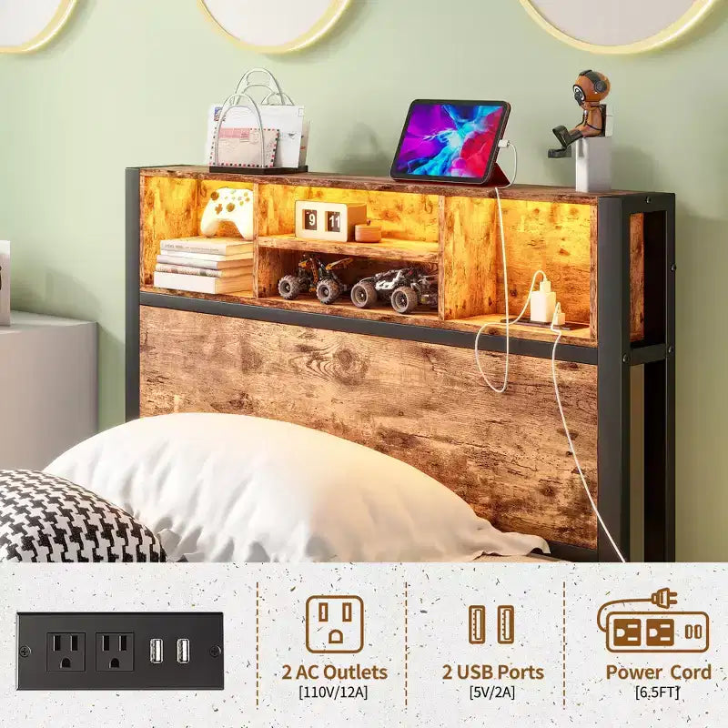 Cadre de lit double en métal avec tête de lit de rangement, lumières LED RGB, station de recharge, rangement bibliothèque, sans sommier tapissier