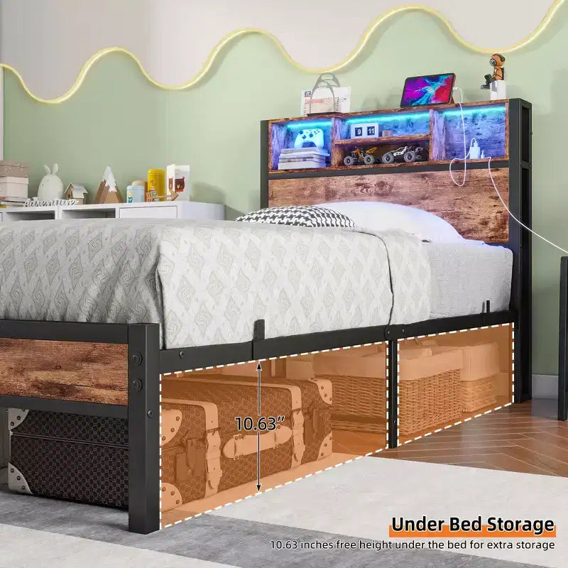 Cadre de lit double en métal avec tête de lit de rangement, lumières LED RGB, station de recharge, rangement bibliothèque, sans sommier tapissier