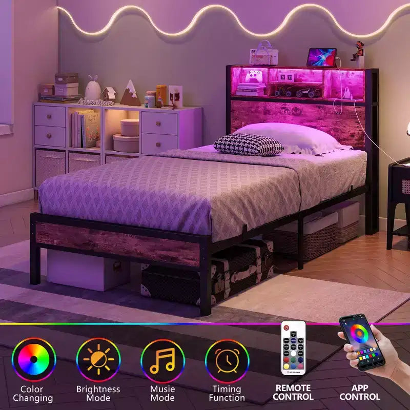 Cadre de lit double en métal avec tête de lit de rangement, lumières LED RGB, station de recharge, rangement bibliothèque, sans sommier tapissier