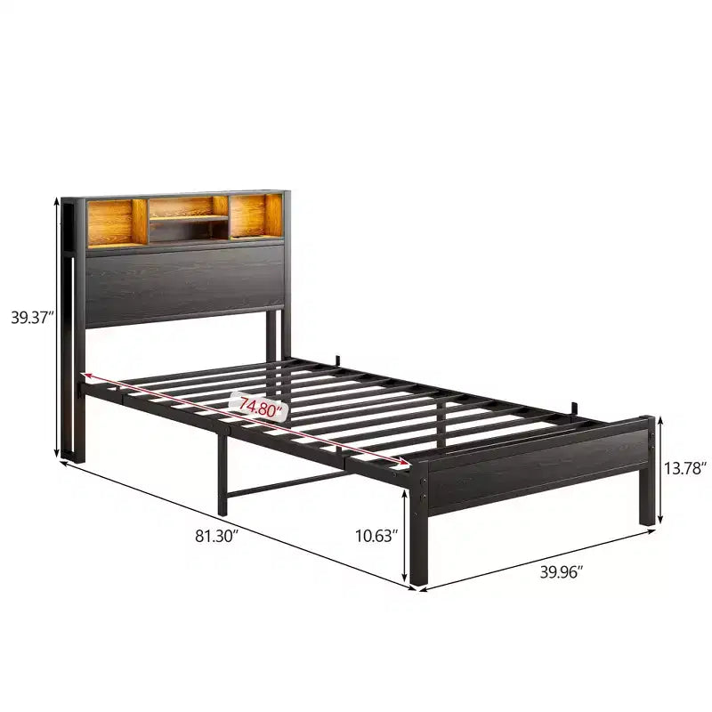 Cadre de lit double en métal avec tête de lit de rangement, lumières LED RGB, station de recharge, rangement bibliothèque, sans sommier tapissier