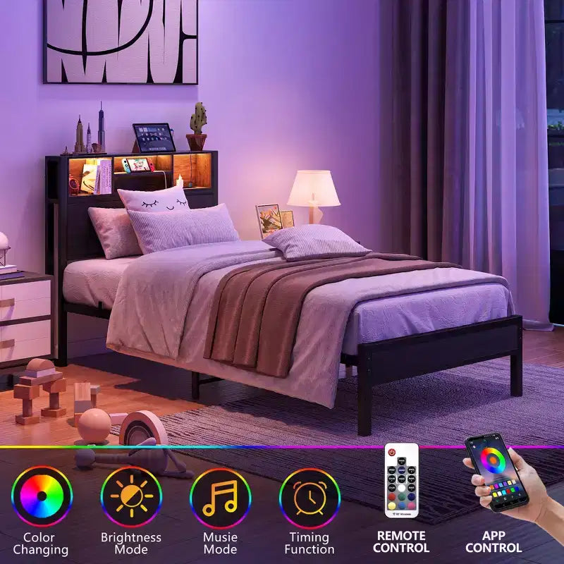 Cadre de lit double en métal avec tête de lit de rangement, lumières LED RGB, station de recharge, rangement bibliothèque, sans sommier tapissier