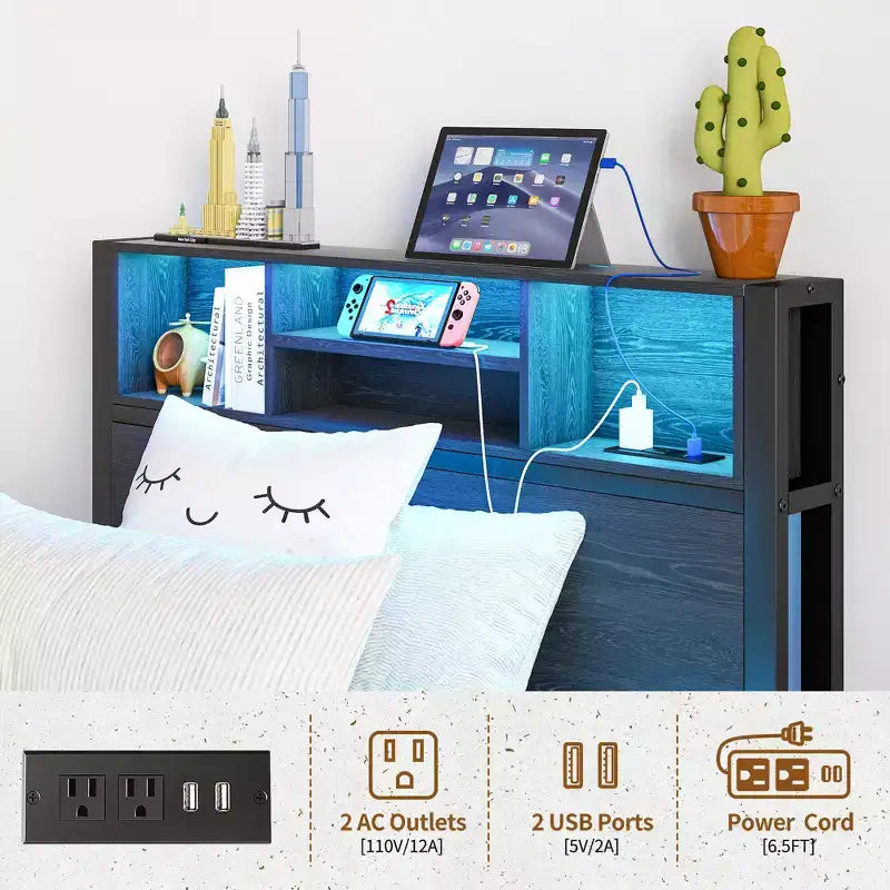 Cadre de lit double en métal avec tête de lit de rangement, lumières LED RGB, station de recharge, rangement bibliothèque, sans sommier tapissier