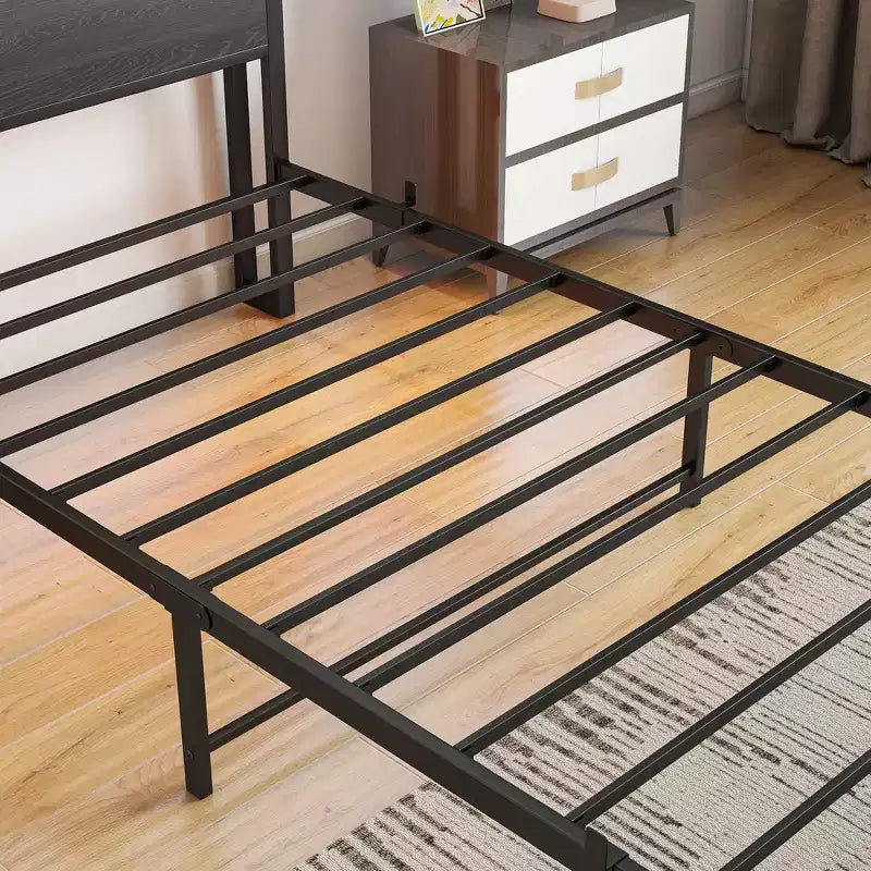 Cadre de lit double en métal avec tête de lit de rangement, lumières LED RGB, station de recharge, rangement bibliothèque, sans sommier tapissier