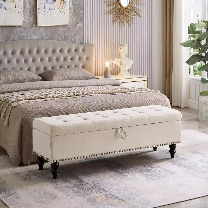 TUYOHW 59IN Storage Ottoman with Tufted Surface and Nail Trims Decoration, Foot Stools Ottoman with Storage, End Of Bed Bench for Bedroom, Beige