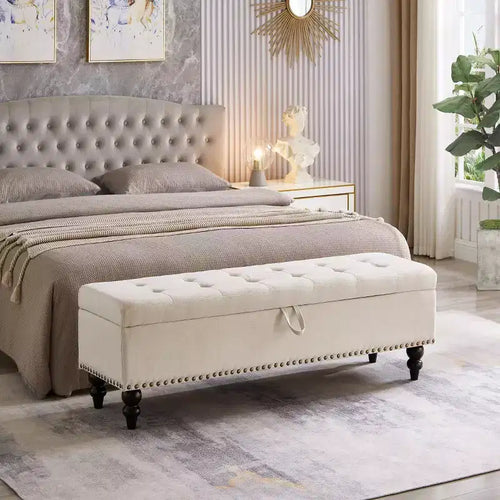 TUYOHW 59IN Storage Ottoman with Tufted Surface and Nail Trims Decoration, Foot Stools Ottoman with Storage, End Of Bed Bench for Bedroom, Beige