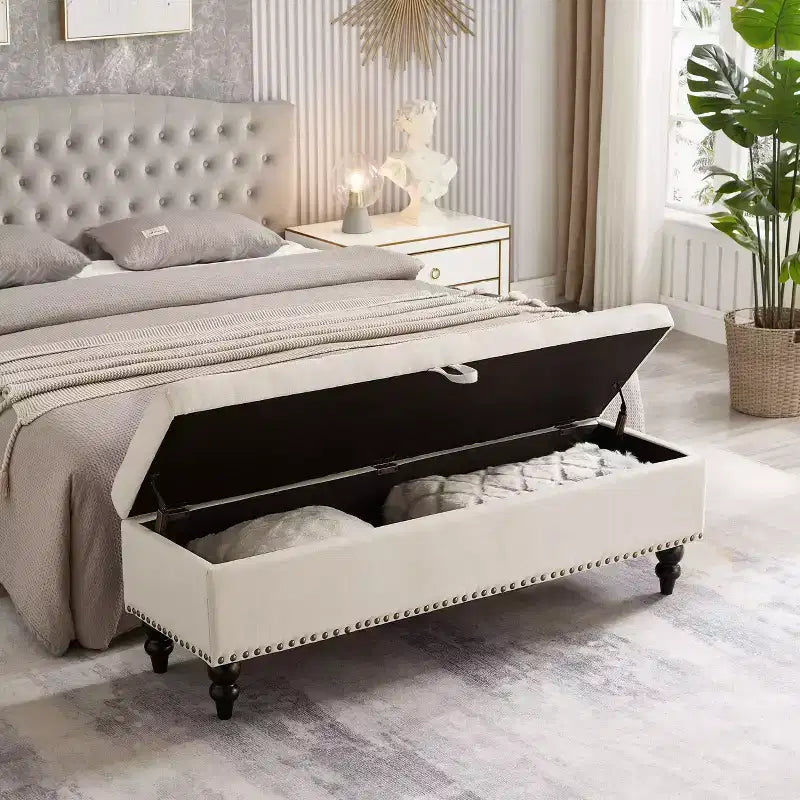 Banc de rangement ottoman de 150 cm avec surface capitonnée et garnitures cloutées, repose-pieds ottoman de rangement, bout de lit pour chambre à coucher, beige