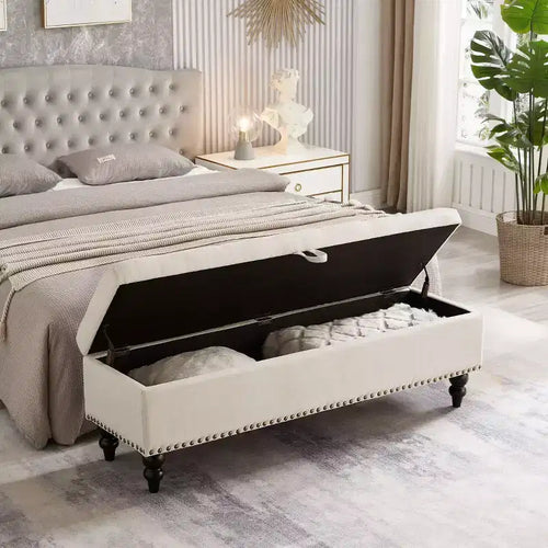Banc de rangement ottoman de 150 cm avec surface capitonnée et garnitures cloutées, repose-pieds ottoman de rangement, bout de lit pour chambre à coucher, beige