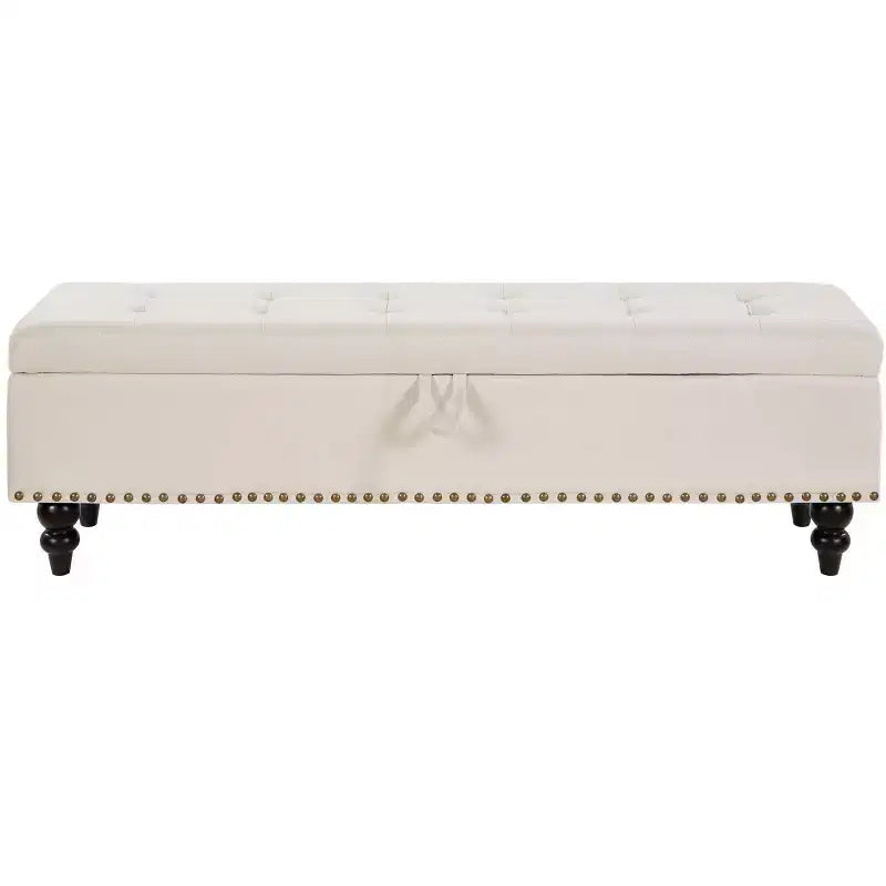 Banc de rangement ottoman de 150 cm avec surface capitonnée et garnitures cloutées, repose-pieds ottoman de rangement, bout de lit pour chambre à coucher, beige