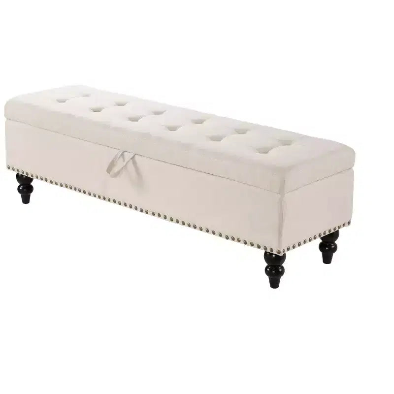 Banc de rangement ottoman de 150 cm avec surface capitonnée et garnitures cloutées, repose-pieds ottoman de rangement, bout de lit pour chambre à coucher, beige