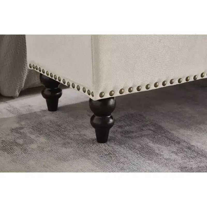 Banc de rangement ottoman de 150 cm avec surface capitonnée et garnitures cloutées, repose-pieds ottoman de rangement, bout de lit pour chambre à coucher, beige