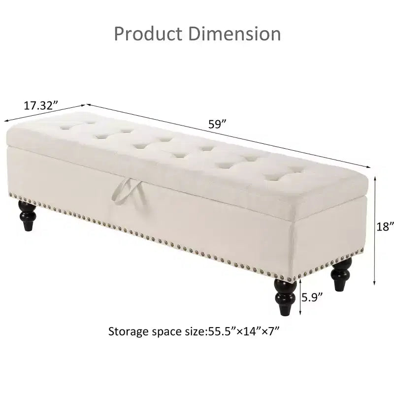 Banc de rangement ottoman de 150 cm avec surface capitonnée et garnitures cloutées, repose-pieds ottoman de rangement, bout de lit pour chambre à coucher, beige