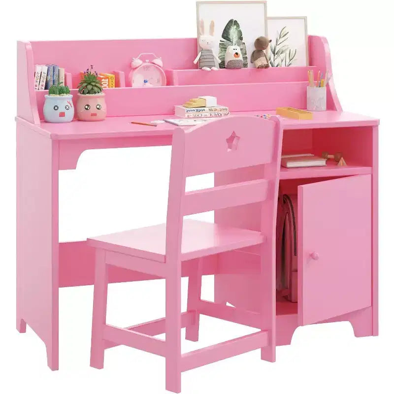 Kids Desk and Chair Set with Hutch & Storage Cabinet, Wooden Study Table for Children, Student Writing Desk for Bedroom or Study Room, Pink