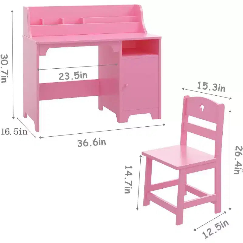 Ensemble bureau et chaise pour enfant avec huche et armoire de rangement, table d'étude en bois pour enfant, bureau d'écriture pour étudiant pour chambre à coucher ou salle d'étude, rose