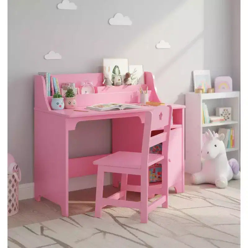 Ensemble bureau et chaise pour enfant avec huche et armoire de rangement, table d'étude en bois pour enfant, bureau d'écriture pour étudiant pour chambre à coucher ou salle d'étude, rose