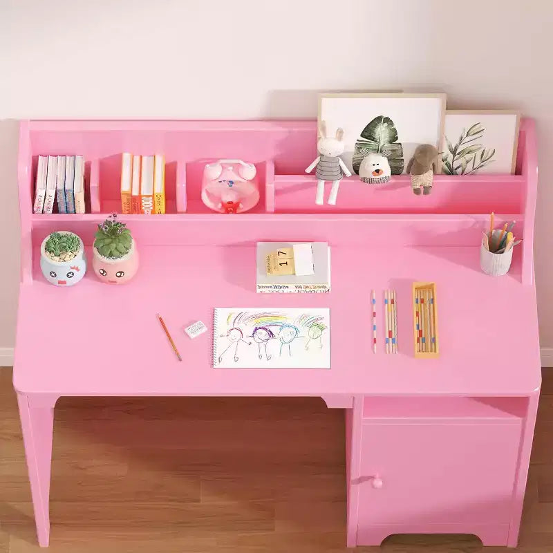 Ensemble bureau et chaise pour enfant avec huche et armoire de rangement, table d'étude en bois pour enfant, bureau d'écriture pour étudiant pour chambre à coucher ou salle d'étude, rose