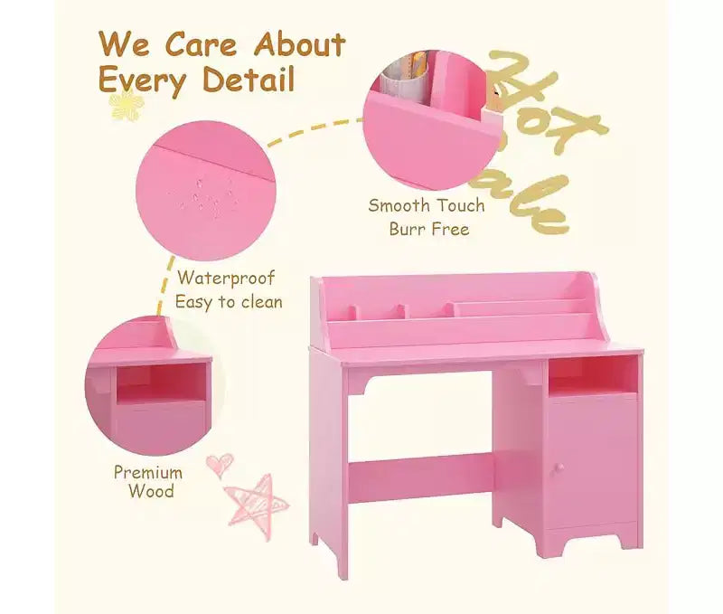 Ensemble bureau et chaise pour enfant avec huche et armoire de rangement, table d'étude en bois pour enfant, bureau d'écriture pour étudiant pour chambre à coucher ou salle d'étude, rose