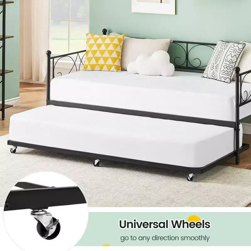 Black Twin Size Daybed Frame C Metal Daybed with Floral Headboard for Living Room/Guest Room (No Box Spring Needed)