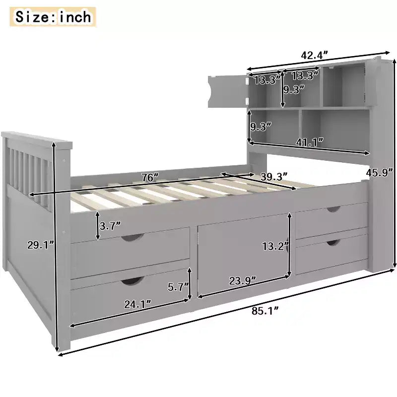 Twin Size Captain Platform Bed Frame with Storage Bookcase Headboard & 4 Drawers, No Box Spring Needed - ModernLuxe