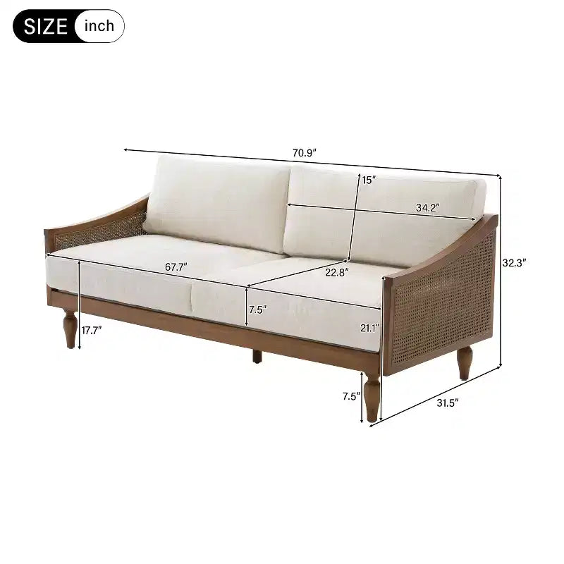Upholstered Loveseat 2-Seat Sofa Couch Lounge Sofa with Solid Wood Frame & Ergonomic Curved Rattan Armrest, Chenille - ModernLuxe