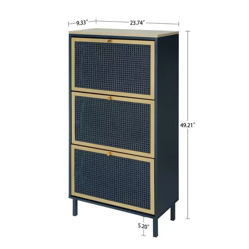 GDFStudio Julia Modern Wooden Shoe Rack with 3 Honeycomb Metal Tilt-Out Doors