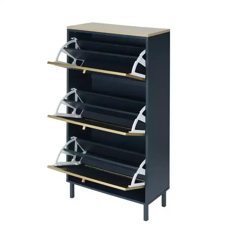 GDFStudio Julia Modern Wooden Shoe Rack with 3 Honeycomb Metal Tilt-Out Doors