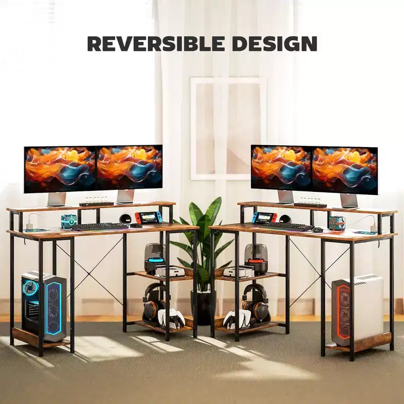 47 Inch Computer Desk with Charging Station and RGB Lights Reversible Study Desk with Monitor Stand