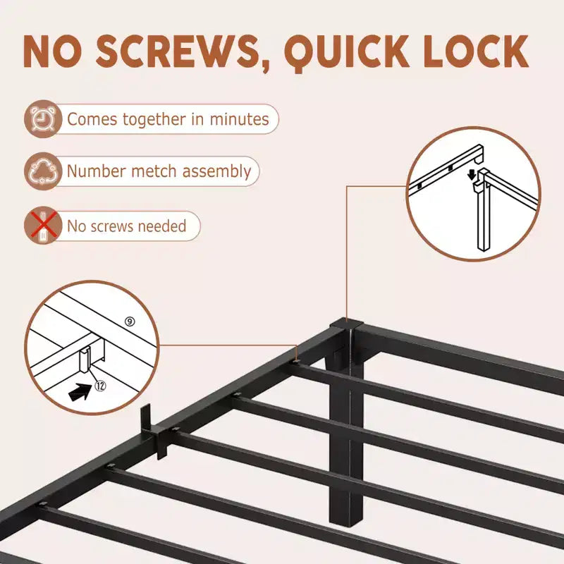 6-Inch Heavy-Duty Metal Bed Frame  Low-Profile Platform with Noise-Free Steel Support, No Box Spring Needed, Easy Tool-Free Assembly