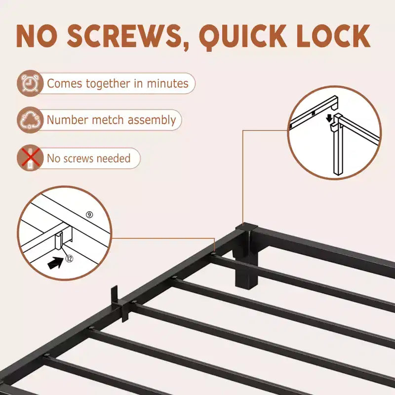 6-Inch Heavy-Duty Metal Bed Frame  Low-Profile Platform with Noise-Free Steel Support, No Box Spring Needed, Easy Tool-Free Assembly