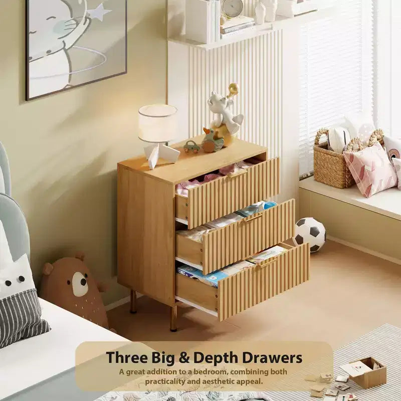 COZONY Natural 3 Drawer Dresser, Fluted Modern Nightstand with Deep Drawers & Wide Top