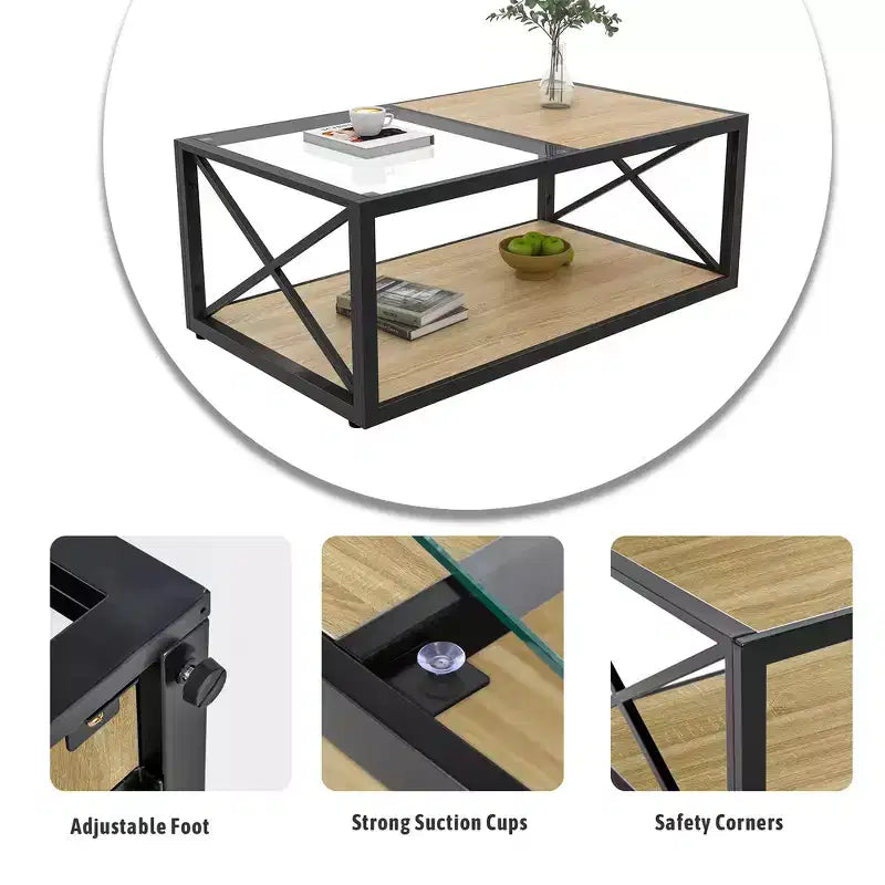 Zeus & Ruta Modern Industrial Coffee Table with Tempered Glass & Wood MDF Top for Living Room & Bedroom