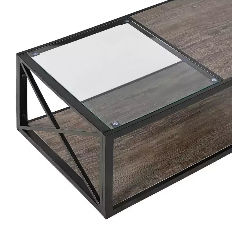 Zeus & Ruta Modern Industrial Coffee Table with Tempered Glass & Wood MDF Top for Living Room & Bedroom