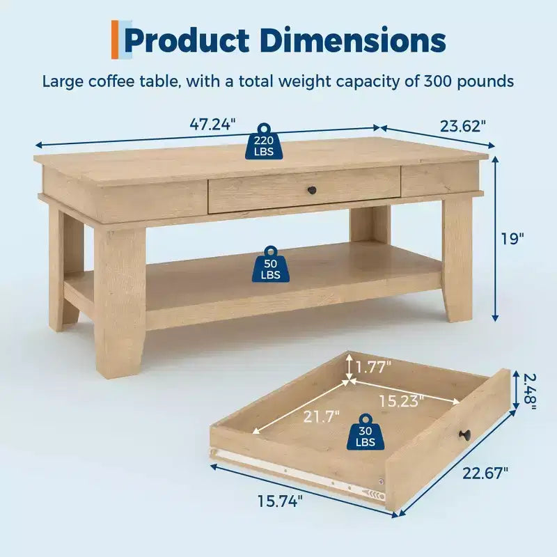 Rectangular Coffee Table with Drawer and Open Shelf, Rustic Center Table for Living Room, Stable Four-Leg Structure, Easy to Clean Surface