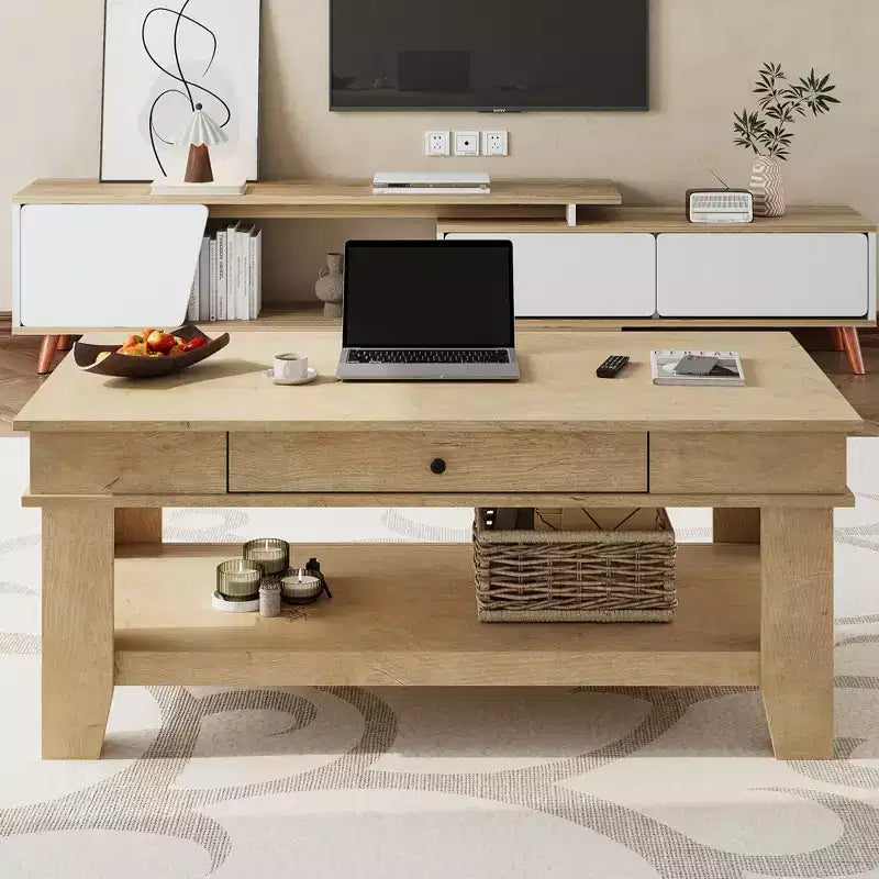 Rectangular Coffee Table with Drawer and Open Shelf, Rustic Center Table for Living Room, Stable Four-Leg Structure, Easy to Clean Surface