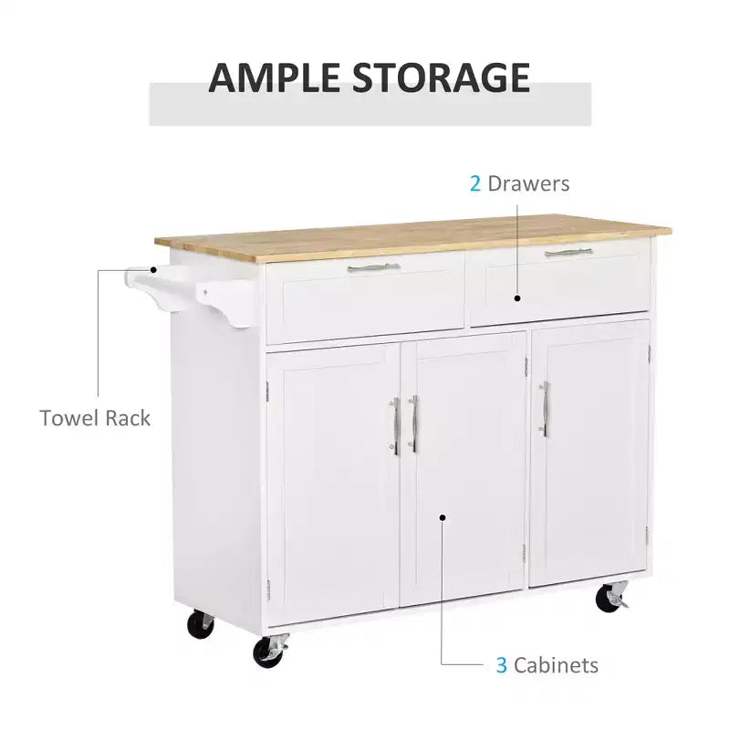 FAMYYT White Natural Wood Top 18 in. Kitchen Island with 2-Storage Cabinets, 2-Drawers, and 4-Lockable Wheels