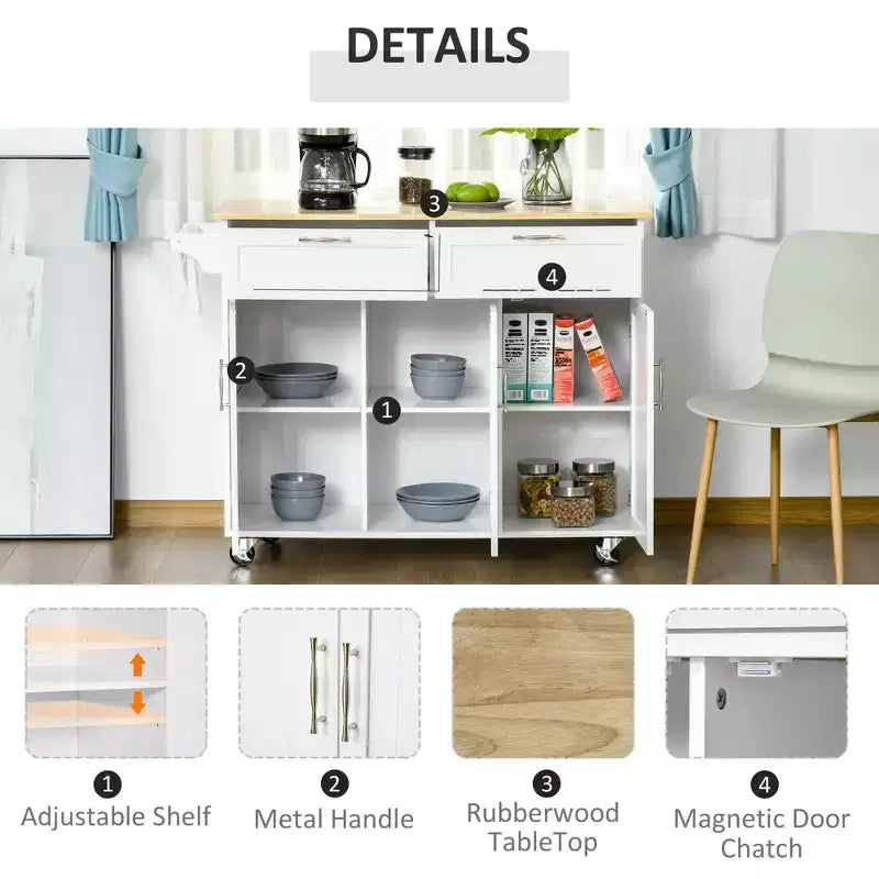 FAMYYT White Natural Wood Top 18 in. Kitchen Island with 2-Storage Cabinets, 2-Drawers, and 4-Lockable Wheels