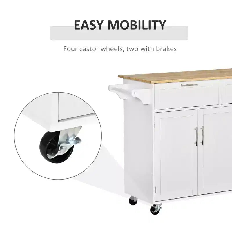 FAMYYT White Natural Wood Top 18 in. Kitchen Island with 2-Storage Cabinets, 2-Drawers, and 4-Lockable Wheels
