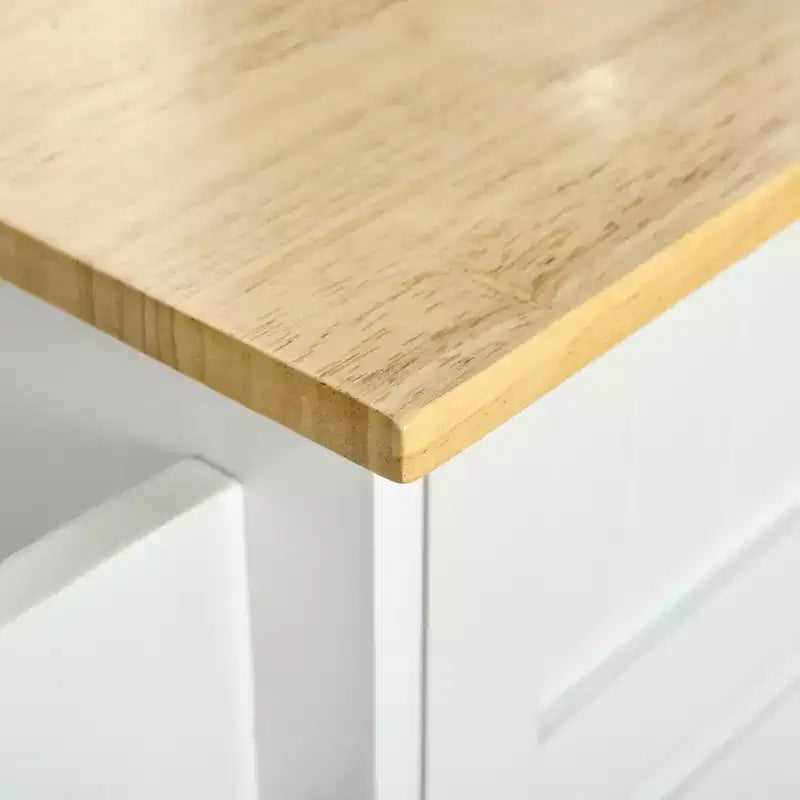FAMYYT White Natural Wood Top 18 in. Kitchen Island with 2-Storage Cabinets, 2-Drawers, and 4-Lockable Wheels