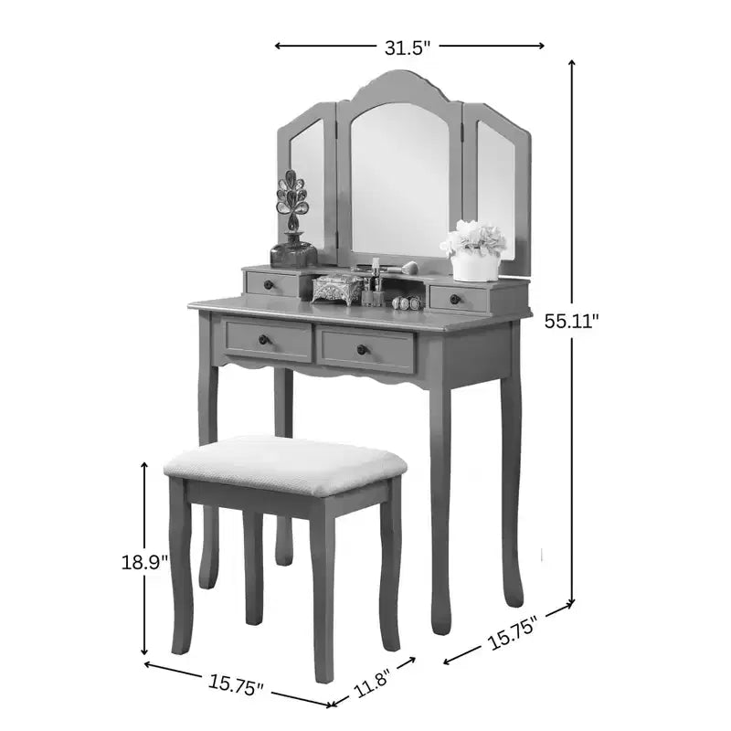 GDFStudio Clarion 31.5 W Wooden Vanity Table with Mirror and Stool
