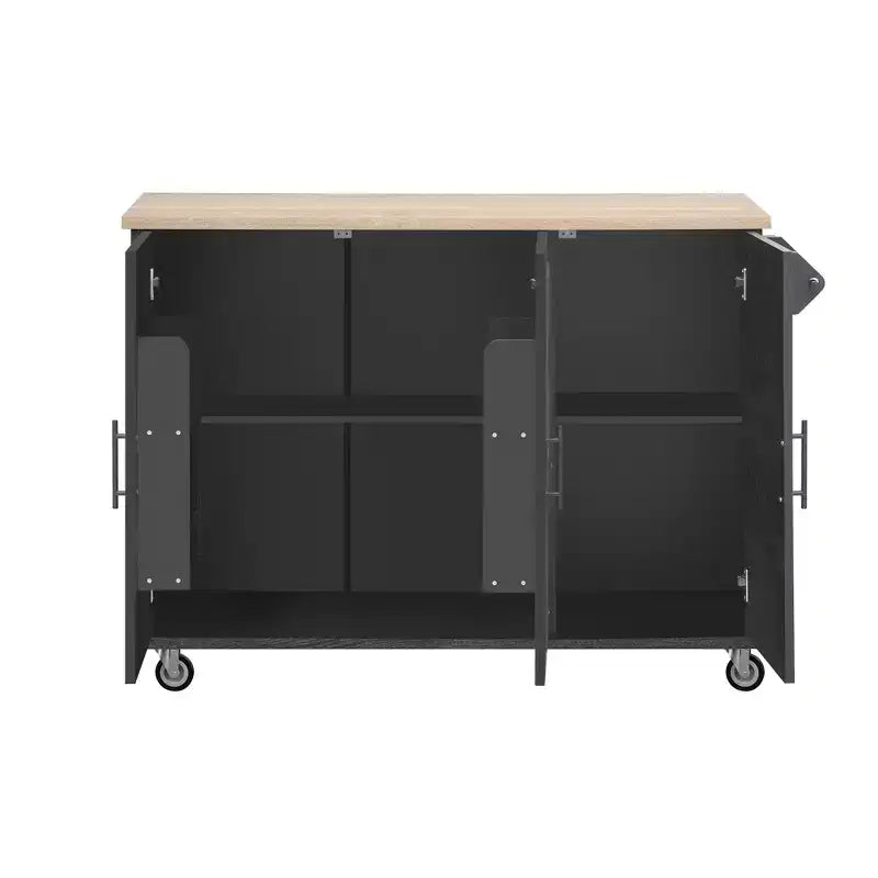 FAMYYT Rolling Black Drop Leaf Wood Tabletop 51 in. Kitchen Island Cart with Internal Storage Rack, Adjustable Shelves