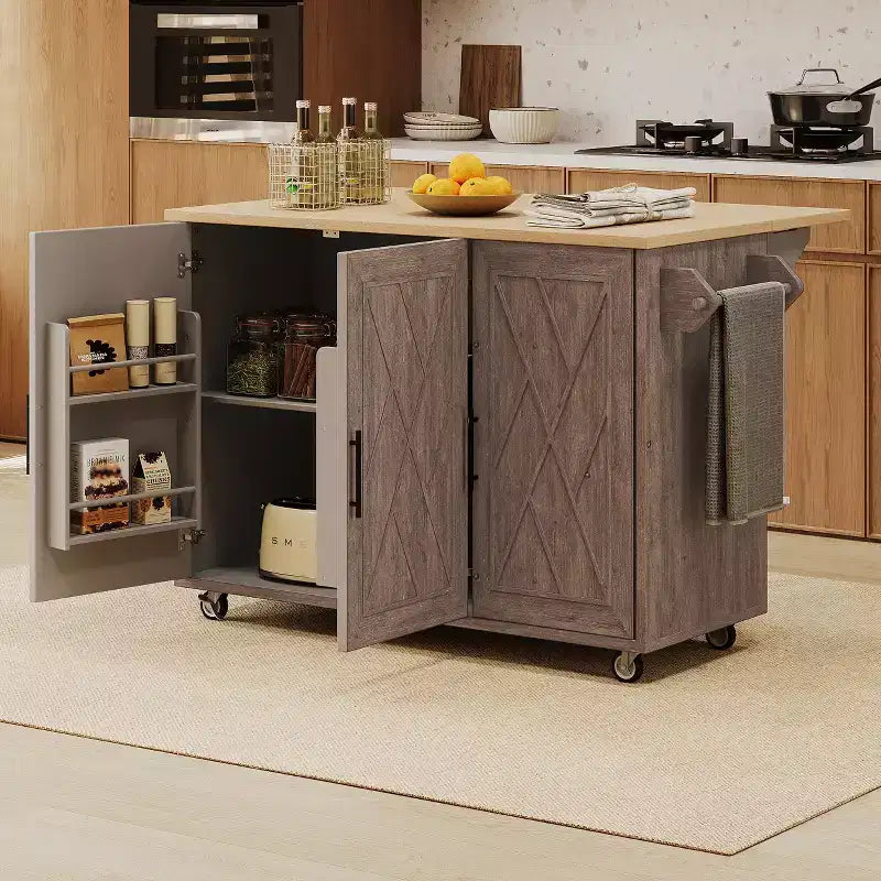 FAMYYT Rolling Black Drop Leaf Wood Tabletop 51 in. Kitchen Island Cart with Internal Storage Rack, Adjustable Shelves