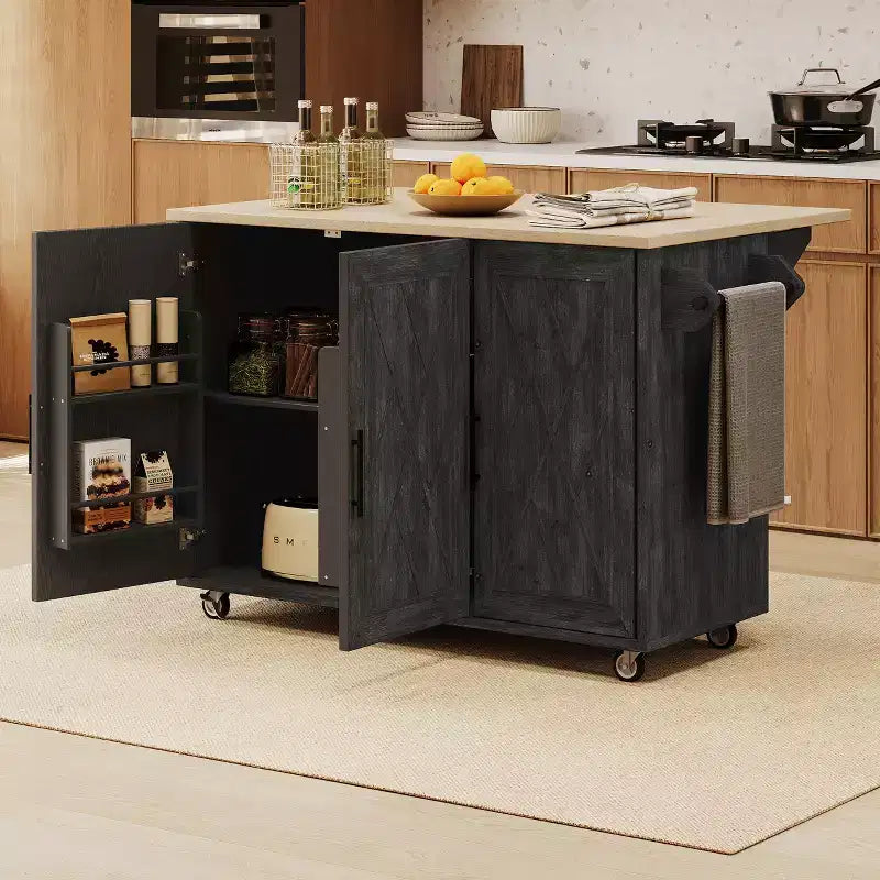 FAMYYT Rolling Black Drop Leaf Wood Tabletop 51 in. Kitchen Island Cart with Internal Storage Rack, Adjustable Shelves