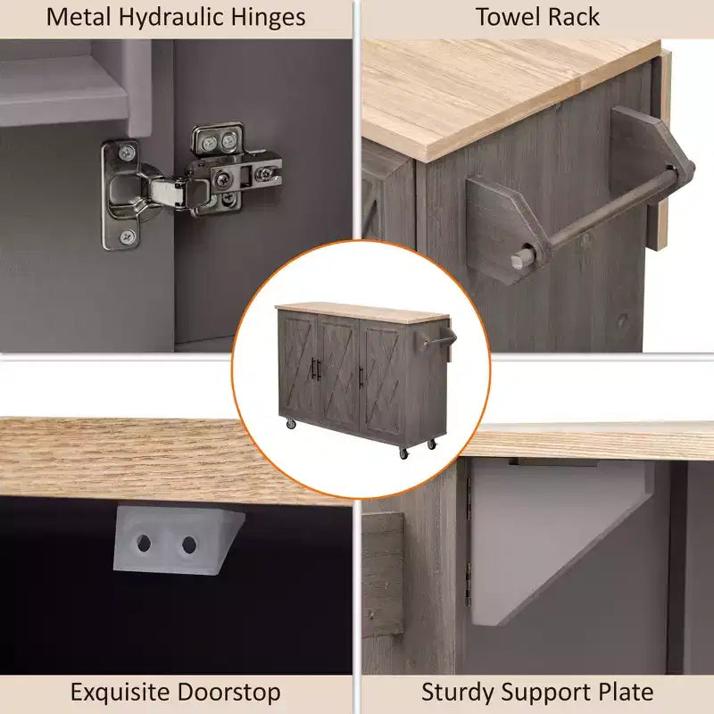 FAMYYT Rolling Black Drop Leaf Wood Tabletop 51 in. Kitchen Island Cart with Internal Storage Rack, Adjustable Shelves