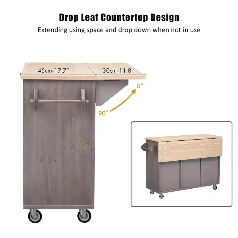 FAMYYT Rolling Black Drop Leaf Wood Tabletop 51 in. Kitchen Island Cart with Internal Storage Rack, Adjustable Shelves