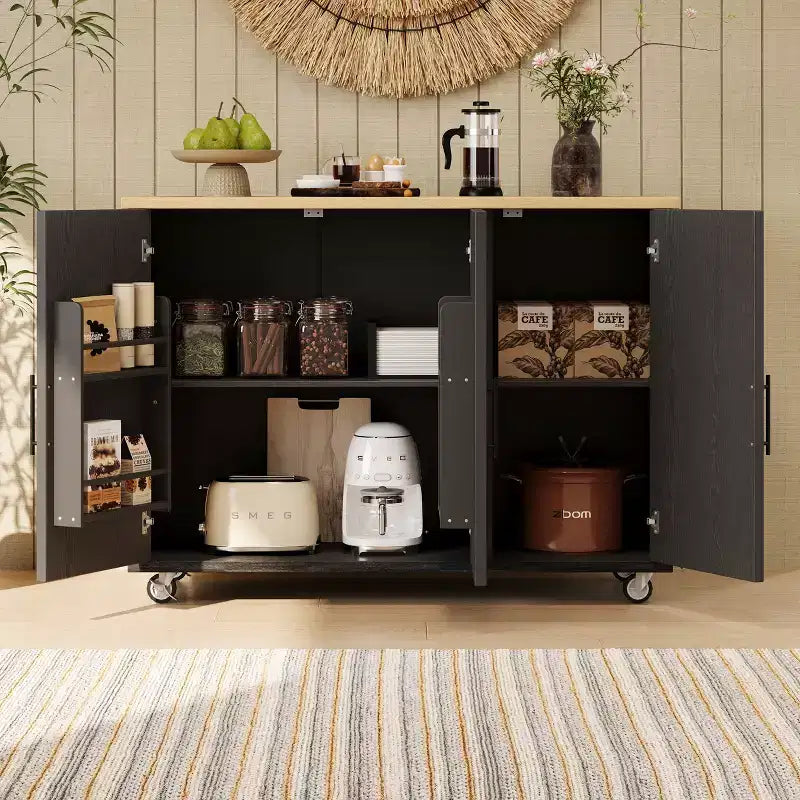 FAMYYT Rolling Black Drop Leaf Wood Tabletop 51 in. Kitchen Island Cart with Internal Storage Rack, Adjustable Shelves