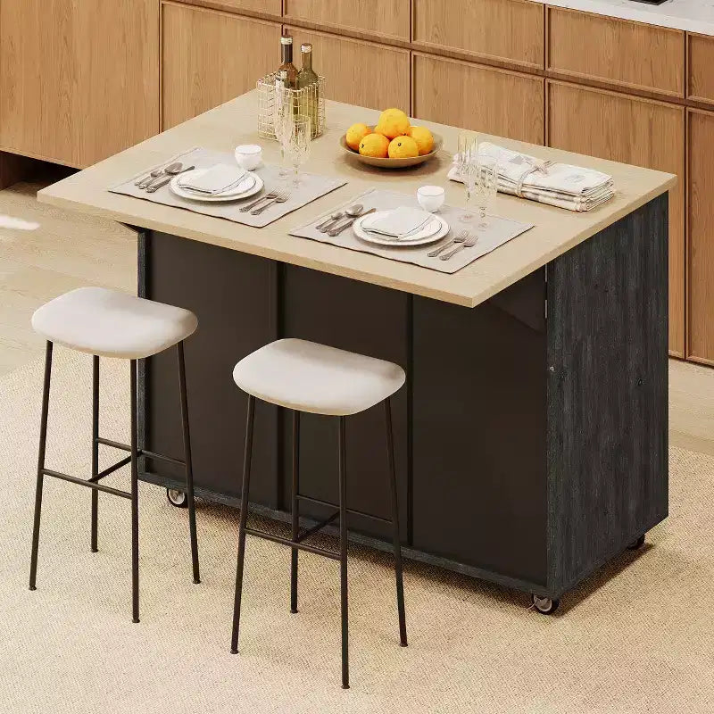 FAMYYT Rolling Black Drop Leaf Wood Tabletop 51 in. Kitchen Island Cart with Internal Storage Rack, Adjustable Shelves