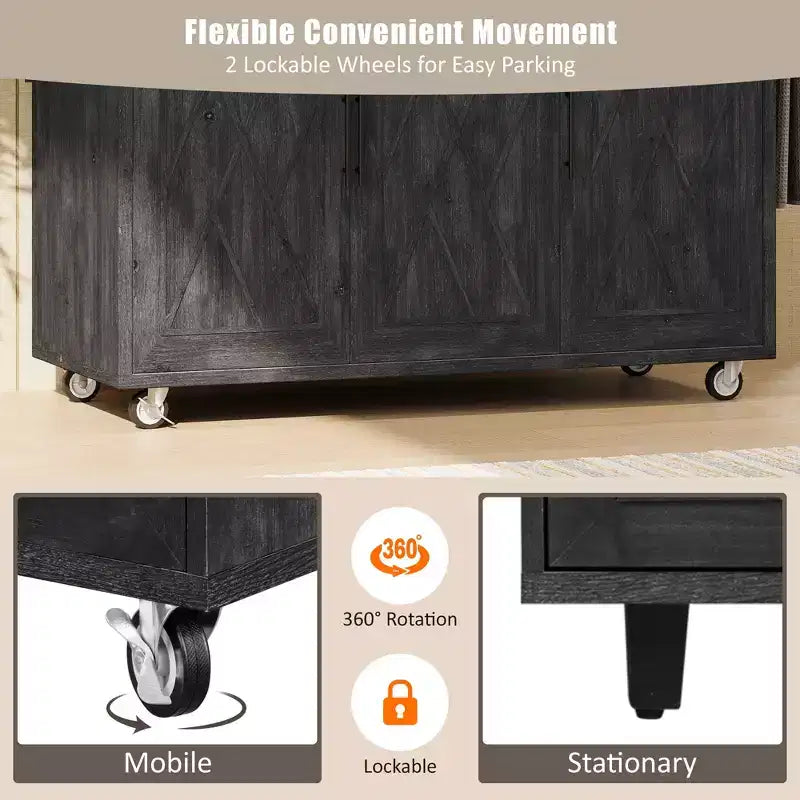 FAMYYT Rolling Black Drop Leaf Wood Tabletop 51 in. Kitchen Island Cart with Internal Storage Rack, Adjustable Shelves