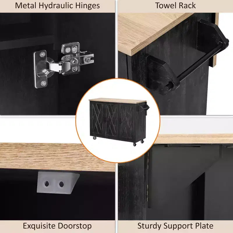 FAMYYT Rolling Black Drop Leaf Wood Tabletop 51 in. Kitchen Island Cart with Internal Storage Rack, Adjustable Shelves