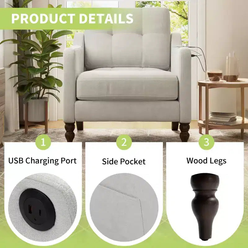 TUYOHW Modern Accent Chair,Ergonomic Chenille Armchair with USB Charging Port,Side Storage Pocket,Wood Legs,Lounge Chair for Living Room,Bedroom