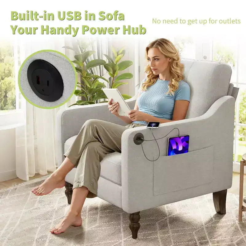 TUYOHW Modern Accent Chair,Ergonomic Chenille Armchair with USB Charging Port,Side Storage Pocket,Wood Legs,Lounge Chair for Living Room,Bedroom