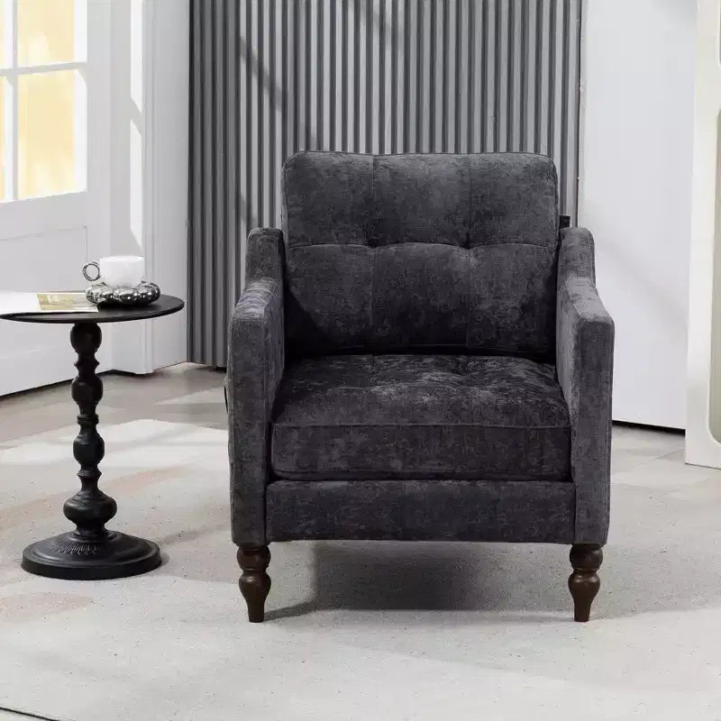 TUYOHW Modern Accent Chair,Ergonomic Chenille Armchair with USB Charging Port,Side Storage Pocket,Wood Legs,Lounge Chair for Living Room,Bedroom